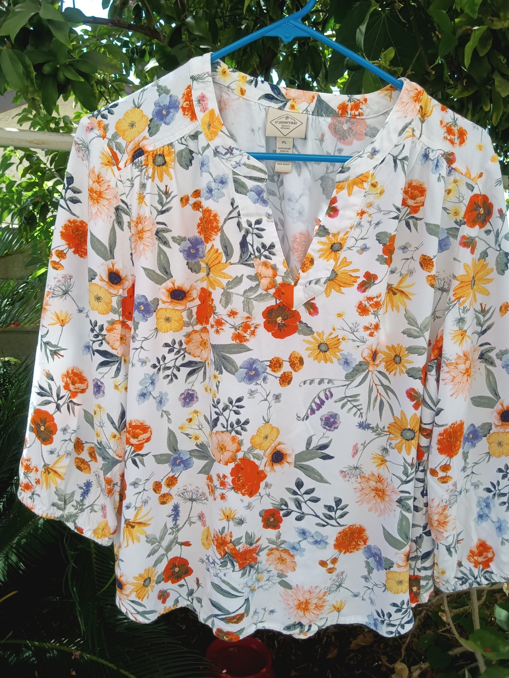 Women's White Floral Split-Neck Blouse with Orange & Yellow Blooms